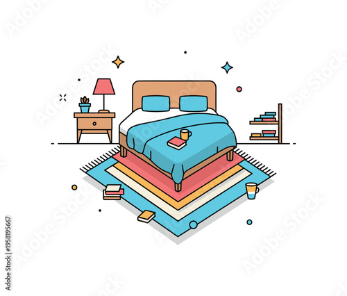 Layered rug under bed with a small corner visible, complemented by tiny bedside accessories and soft shadows to create a sense of stylish and functional