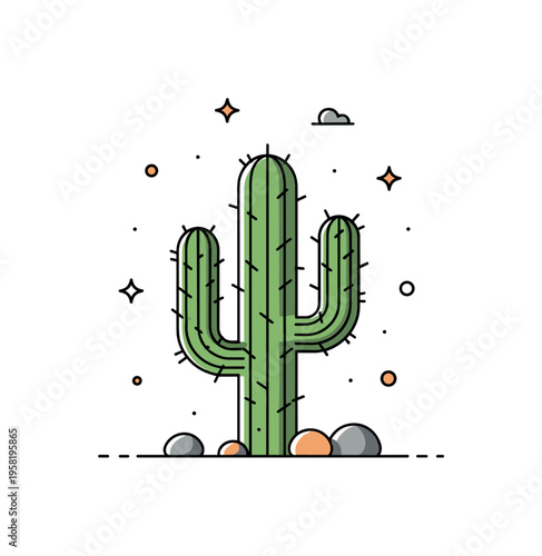 Desert-inspired cactus on a minimal ground patch with tiny decorative rocks and stars, subtle shadows enhancing natural simplicity, resilience, and warm