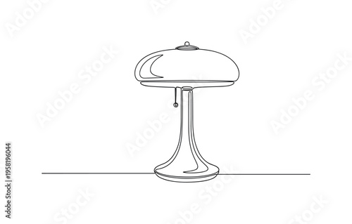 Metallic Table Lamp. Minimalistic one-line drawing modern table lamp with sleek metallic base used as interior accent, continuous single black line on white