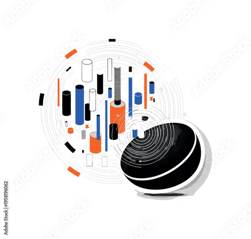 smart speaker device with circular sound waves abstract lines cylinders and geometric blocks representing voice assistant technology black and white retro