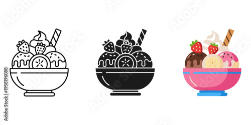 Colorful dessert bowls with ice cream and fruits vector illustration