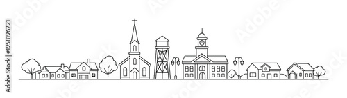 Small town with church water tower and courthouse on main street
