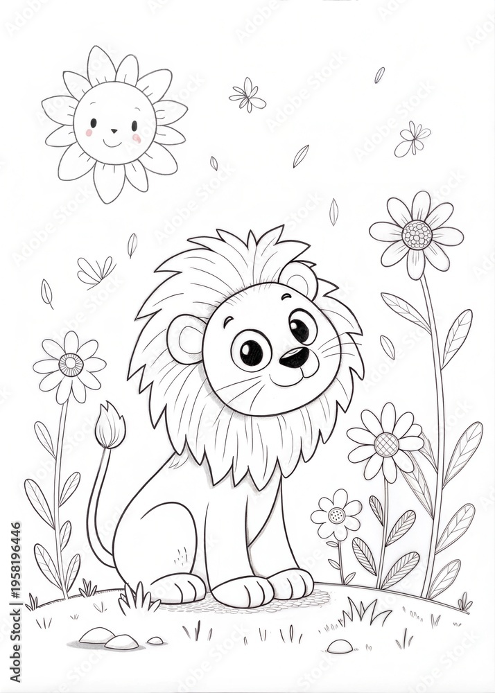 Fototapeta premium Cute Lion Outline Sketch for Children's Coloring Book 