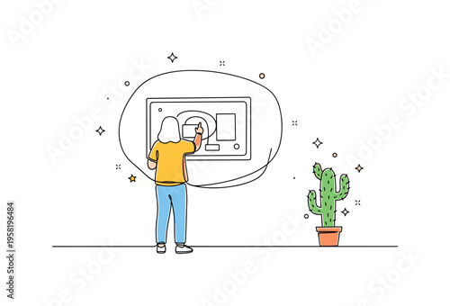 Immersive Gallery Experience. Minimalistic one-line drawing visitor exploring a large interactive gallery art piece surrounding them, continuous single black