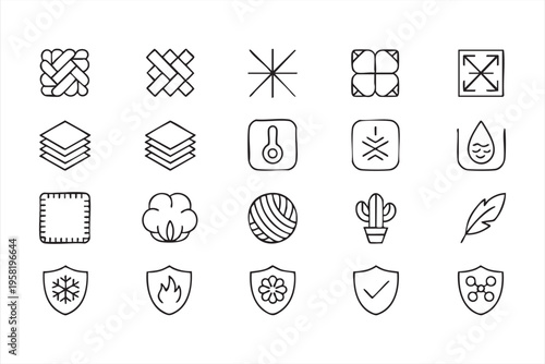 Textile Properties Icon Set with Breathable Windproof and Fire Resistant Symbols