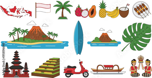 Indonesia culture, Bali travel, tropical fruits, rice fields, Balinese temple, surfboard, satay, scooter, volcano, coconut, tradition, ceremony, nature, tourism, Asia, island, palm trees, boat