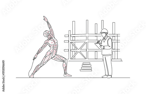 Fitness Response. Minimalistic one-line drawing figure doing yoga pose with internal lines indicating blood flow and muscle stretch, continuous single black