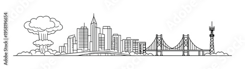 City skyline with mushroom cloud near suspension bridge