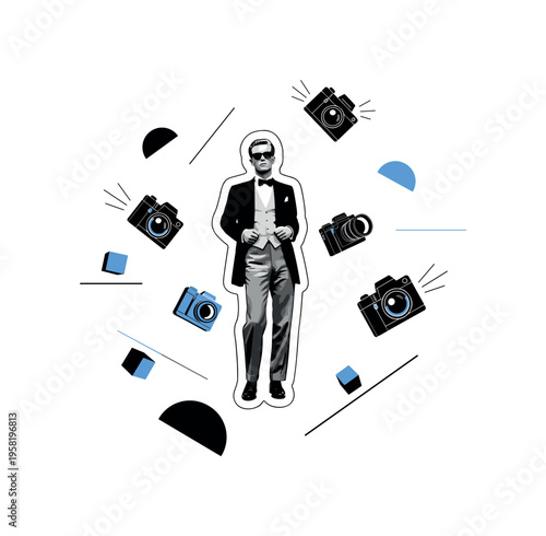 celebrity posing for photos with floating cameras abstract semicircles lines and geometric blocks symbolizing paparazzi presence black and white retro human