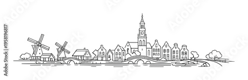 Two wind mills and traditional houses beside a canal bridge