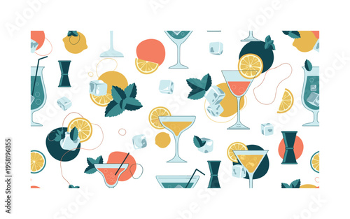 classic cocktail ingredients seamless pattern, cocktail glasses lemons limes mint leaves ice cubes and jiggers arranged in a repeating pattern, white