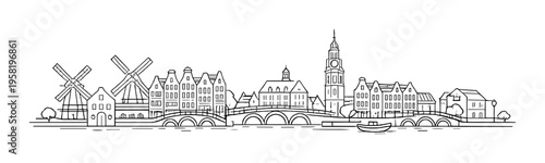 Wind mills and gabled houses with multiple bridges over canal