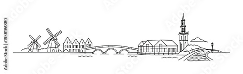 Windmills and town buildings connected by arched bridge over canal