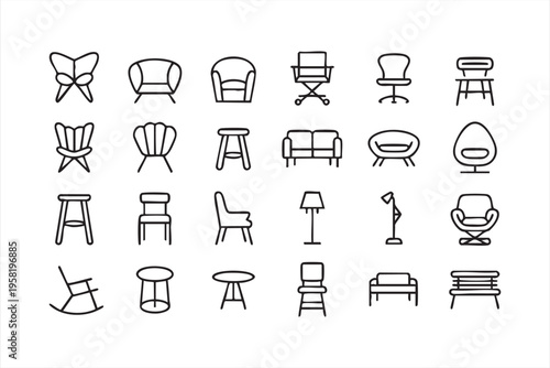 Seating and Furniture Icon Set with Modern Chairs and Interior Design Elements
