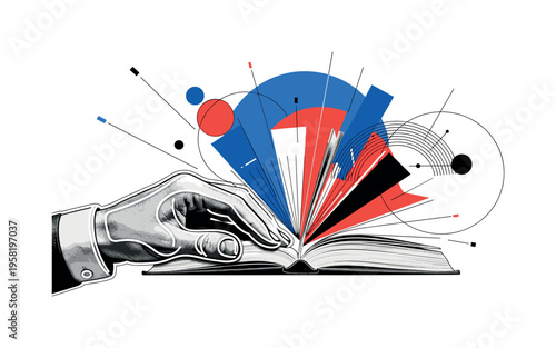 human hand flipping pages of open book abstract circles lines and geometric shapes representing tactile literary experience black and white retro hand and book