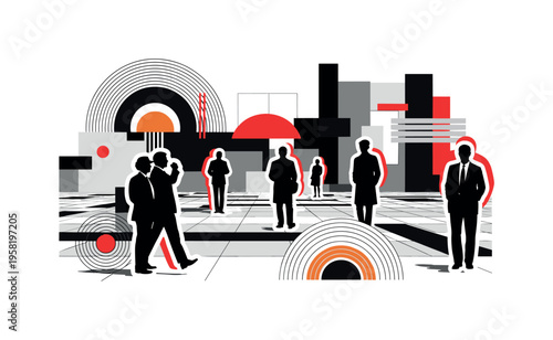 people observing passersby in urban square abstract semicircles lines and geometric blocks symbolizing community interaction black and white retro human