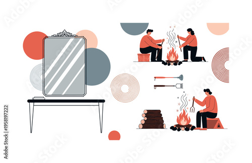 large ornate mirror above minimalist console abstract circles lines and geometric shapes representing elegance and illusion of space black and white retro