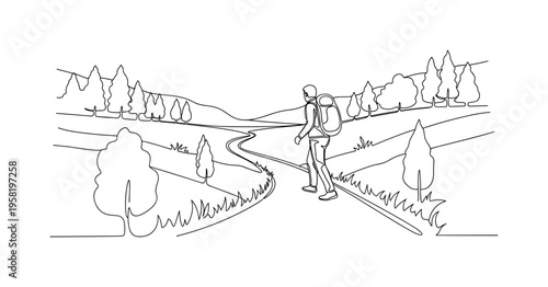 Hiking Explorer. Minimalistic one-line drawing individual walking on a trail surrounded by trees and hills, continuous single black line on white background,