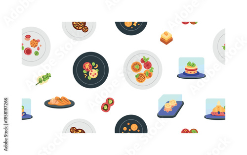 futuristic plating and presentation seamless pattern, repeating pattern, surface design, textile print, modern illustration of artistic dish layouts, geometric