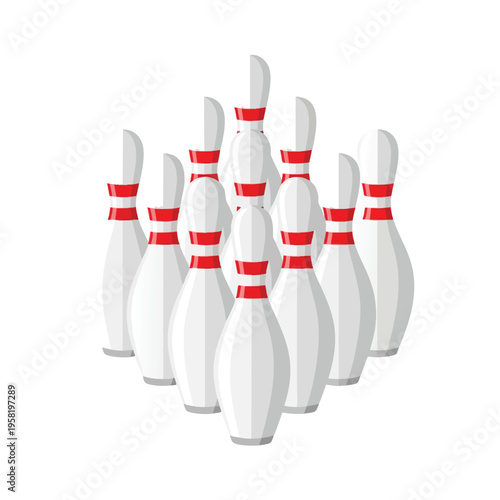 A cluster of ten white bowling pins with red stripes is arranged on a white background