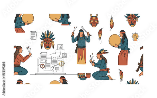 ancestral spiritual practice seamless pattern, shamans performing rituals, spirit animals, ceremonial drums, masks, feathers and natural elements arranged in a