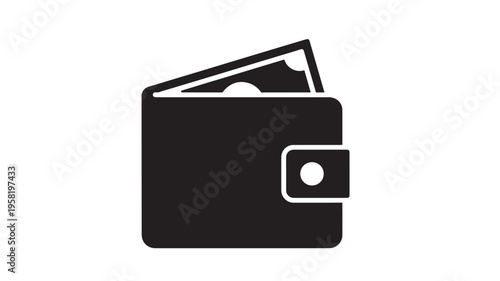 Wallet icon with money sticking out, a simple black and white graphic representation of finance and wealth for digital use.