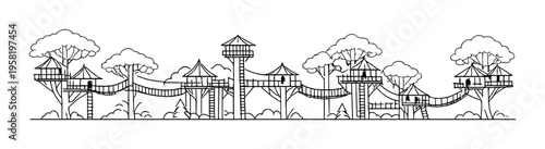 Treehouse structures connected by rope bridges in forest canopy