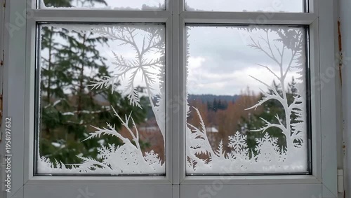 Winter Frosty Window View with Snowflakes and Trees.