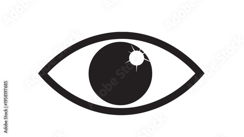 Eye icon with black pupil and a white bright reflection, representing vision and sight. featuring iris, symbol, graphic with design and ophthalmology