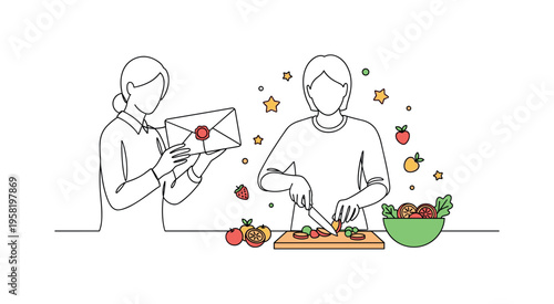 Receiving Sealed Letter. Minimalistic one-line drawing person holding envelope with visible wax seal on top, continuous single black line on white background,