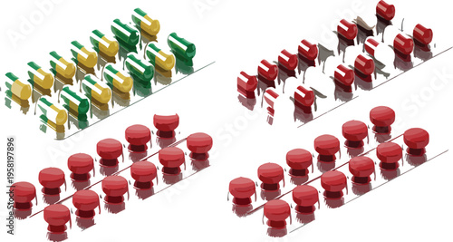 Colorful assortment of pills and capsules in blister packs, flat vector illustration of medicine, healthcare, and pharmaceutical concepts