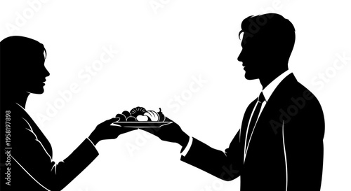 Businessman and woman in formal exchange.