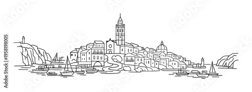 Harbor town with tall bell tower and boats in coastal bay