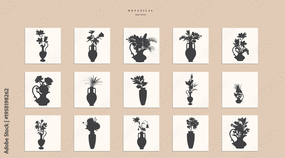 Fototapeta premium Hand drawn vases set. Flowers bouquets line art. Clip art flower arrangement in vase. Minimalist illustration.
