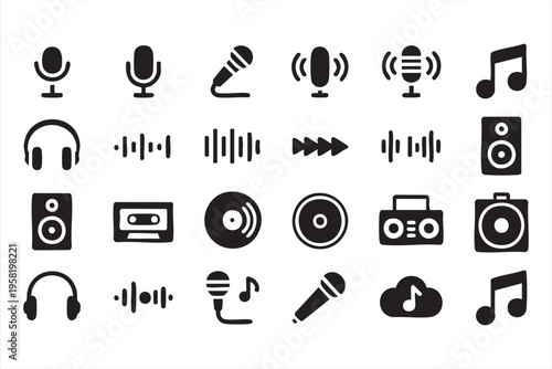 Sound Equipment Icon Set with Microphone Headphones and Speakers