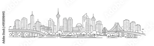 City skyline with elevated highways and bridge, trees foreground