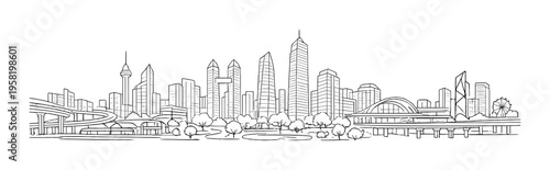 Modern city skyline with elevated highways and waterfront park