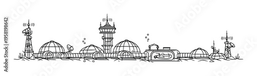 Underwater base domes and towers with antennas on seafloor