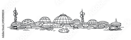 Underwater dome settlement with submarine near waterline