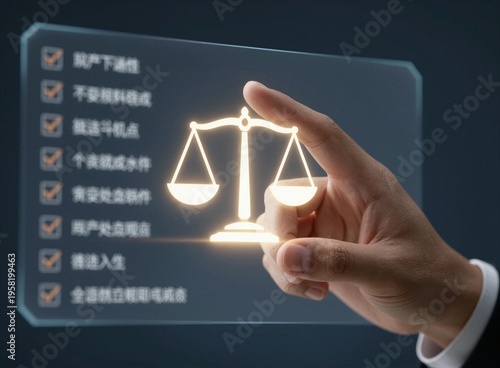 Business hand touching glowing justice scale icon on futuristic legal technology interface