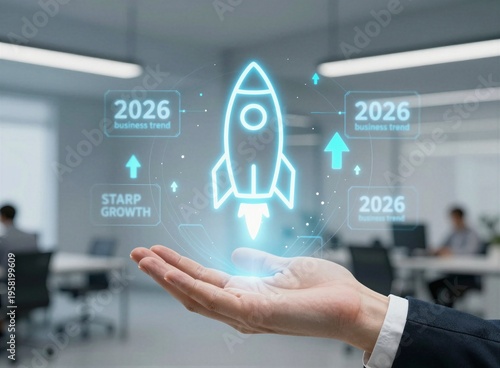 Business hand presenting rocket launch hologram for startup growth and business success concept