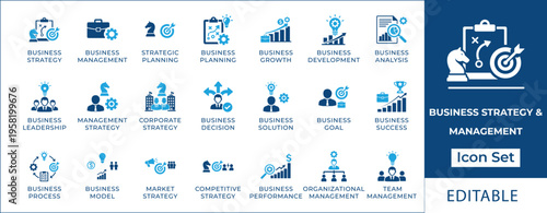 Business strategy and management icon set featuring strategic planning, business growth, leadership, corporate solution, market strategy, and organizational management symbols.