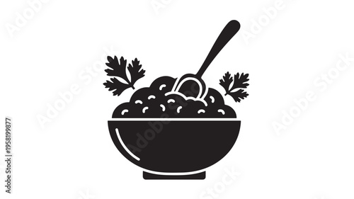 Bowl of rice with a spoon and parsley sprigs, depicted as a simple black icon on a white background featuring garnish, food, meal with dish and