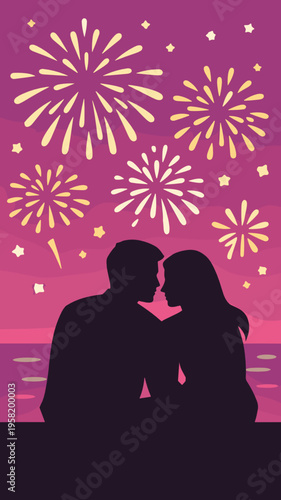 Romantic couple silhouette watching fireworks over water at sunset. Vertical vector poster captures love, celebration and date night mood with glowing pink sky and festive sparks.