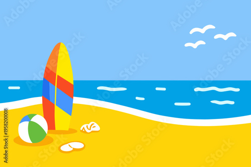 Colorful surfboard, beach ball and sandals on bright yellow sand beside a calm blue ocean. Fun seaside holiday illustration with surfing, recreation and summer travel mood.