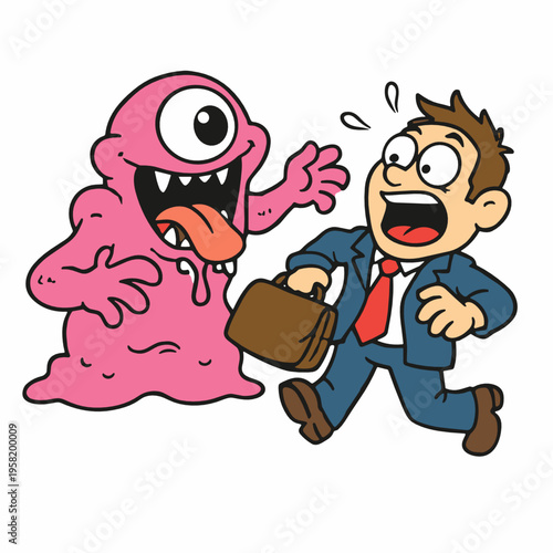 A goofy pink monster chases a terrified businessman in a humorous comic scene. Expressive characters capture fear, stress, workplace pressure, and absurd fantasy conflict.