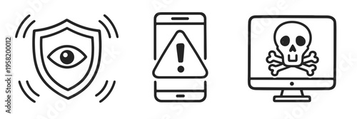 Set of line icons for surveillance, mobile warning, and malware on desktop screen. Cybersecurity vector symbols for monitoring, threats, alerts, and digital risk management.