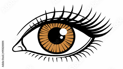 Single stylized eye with warm brown iris and long lashes. Elegant beauty vector for makeup, vision, femininity, cosmetics branding, and decorative fashion design.