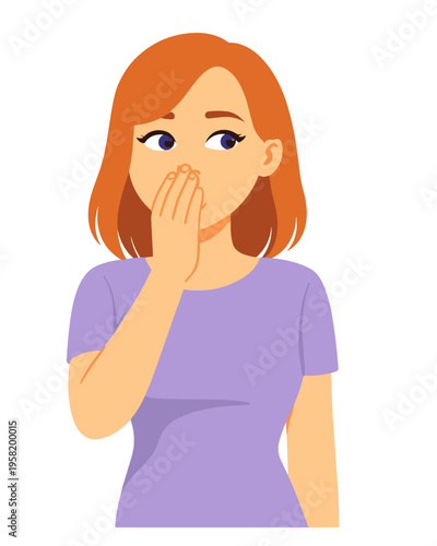 Red haired woman covers her mouth as if whispering a secret or sharing gossip. Flat vector portrait suggests confidentiality, surprise, rumor, conversation and private message concept.