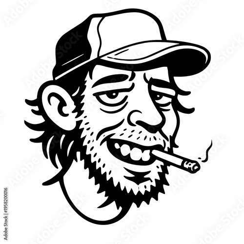 Scruffy bearded man in a cap smokes a cigarette in a rough comic style. Black and white vector portrait conveys rebellion, street attitude, fatigue and gritty humor.